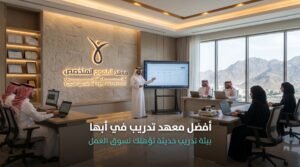 أفضل معهد تدريب في أبها 4 أفضل معهد تدريب في أبها داخل قاعة تدريب احترافية بمعهد الطموح المتخصص العالي للتدريب مع مدرب ومتدربين بملابس سعودية حديثة.