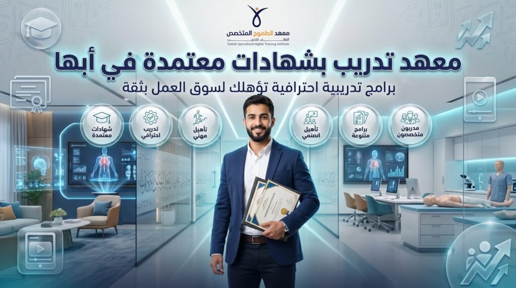تصميم إعلاني لمعهد الطموح المتخصص العالي للتدريب في أبها يوضح برامج تدريبية احترافية بشهادات معتمدة وتأهيل لسوق العمل مع شاب يحمل شهادات داخل بيئة تعليمية حديثة.