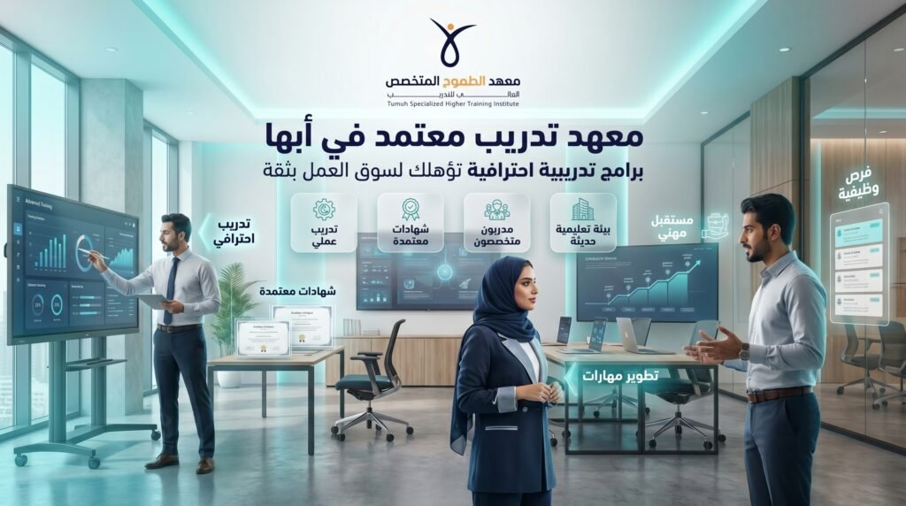 تصميم احترافي لمعهد الطموح المتخصص العالي للتدريب في أبها يوضح برامج تدريبية معتمدة وتأهيل مهني لسوق العمل مع بيئة تعليمية حديثة ومدربين متخصصين.