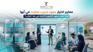 معهد تدريب معتمد في أبها 2 تصميم احترافي يوضح معايير اختيار معهد تدريب معتمد في أبها داخل معهد الطموح المتخصص العالي للتدريب مع بيئة تعليمية حديثة ومدربين متخصصين وشهادات معتمدة.