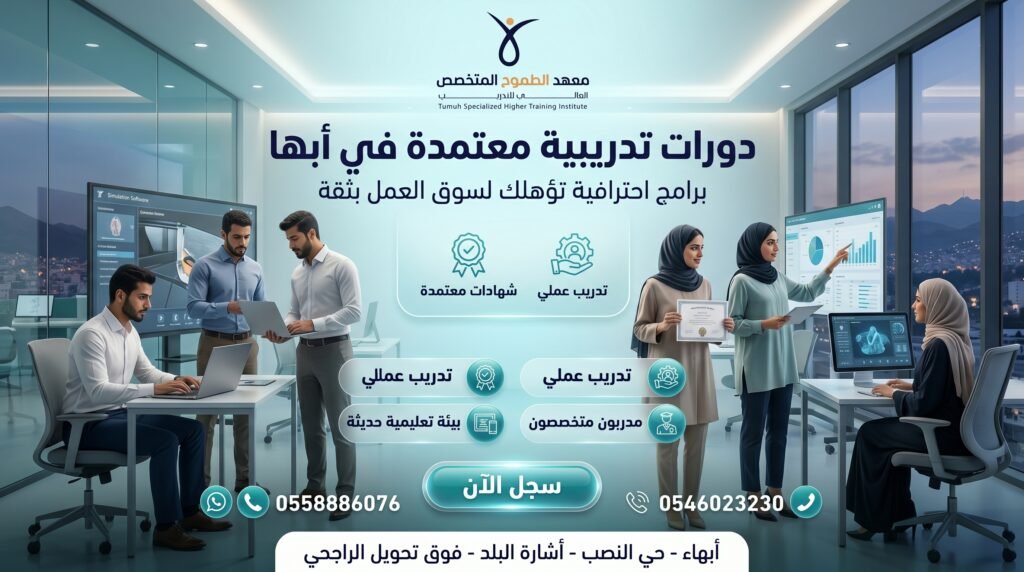 تصميم إعلاني احترافي لمعهد الطموح المتخصص يعرض دورات تدريبية معتمدة في أبها داخل بيئة تعليمية حديثة، مع متدربين ومتدربات سعوديين وشهادات معتمدة وعناصر بصرية احترافية وزر سجل الآن ومعلومات التواصل والعنوان.