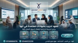 دورات تدريبية معتمدة في أبها 2 تصميم إعلاني احترافي لمعهد الطموح المتخصص في أبها يظهر مجموعة من المتدربين والمتدربات داخل بيئة تعليمية حديثة مع شهادات معتمدة وعناصر تدريبية احترافية وزر سجل الآن ومعلومات التواصل والعنوان.