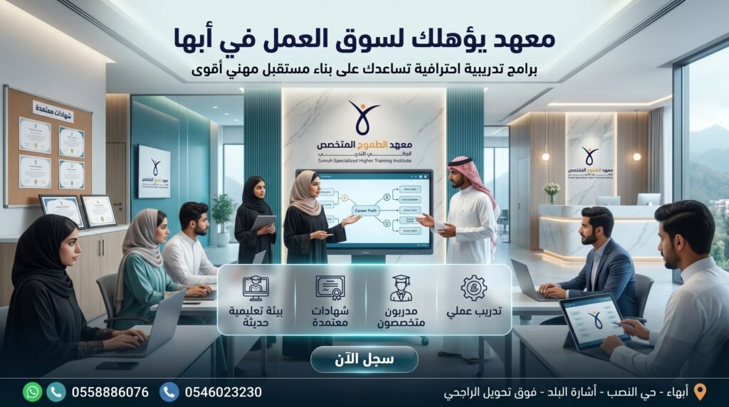 تصميم إعلاني احترافي لمعهد الطموح المتخصص العالي للتدريب في أبها يظهر مجموعة من المتدربين السعوديين داخل بيئة تعليمية حديثة أثناء التدريب والتفاعل داخل قاعات متطورة، مع إبراز الشهادات المعتمدة والتدريب العملي والتأهيل لسوق العمل.